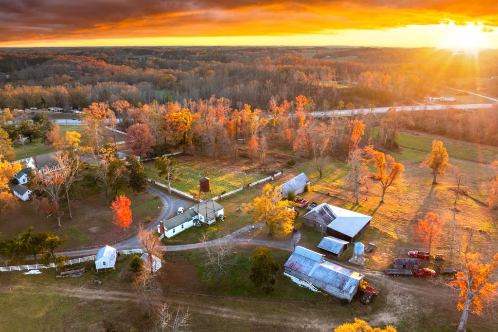 Aerial view of a farm at the end of the agricultural season as winter preparations and future planning begin.